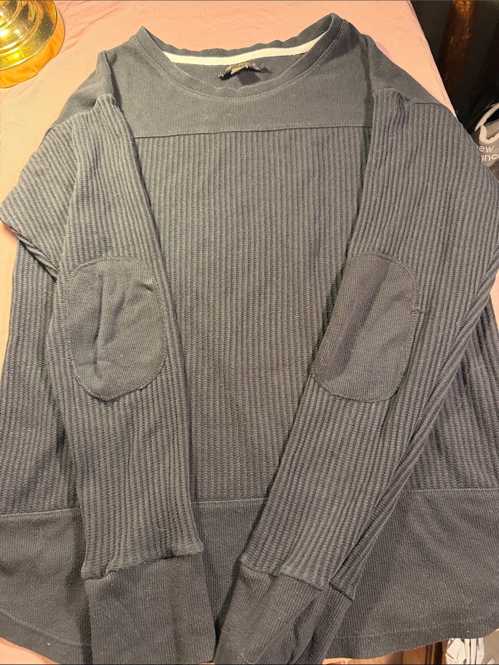 Donna Karan Charcoal Ribbed Crewneck Sweater with Elbow Patches